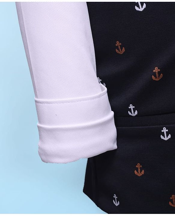 Babyhug Knit Full Sleeves 3 Piece Party Suit with Bow & Anchor Glitter Print - Navy Blue