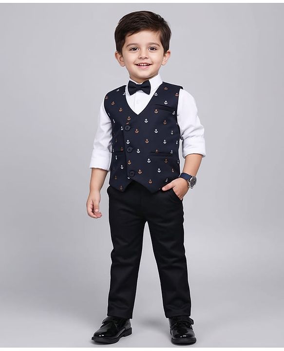 Babyhug Knit Full Sleeves 3 Piece Party Suit with Bow & Anchor Glitter Print - Navy Blue