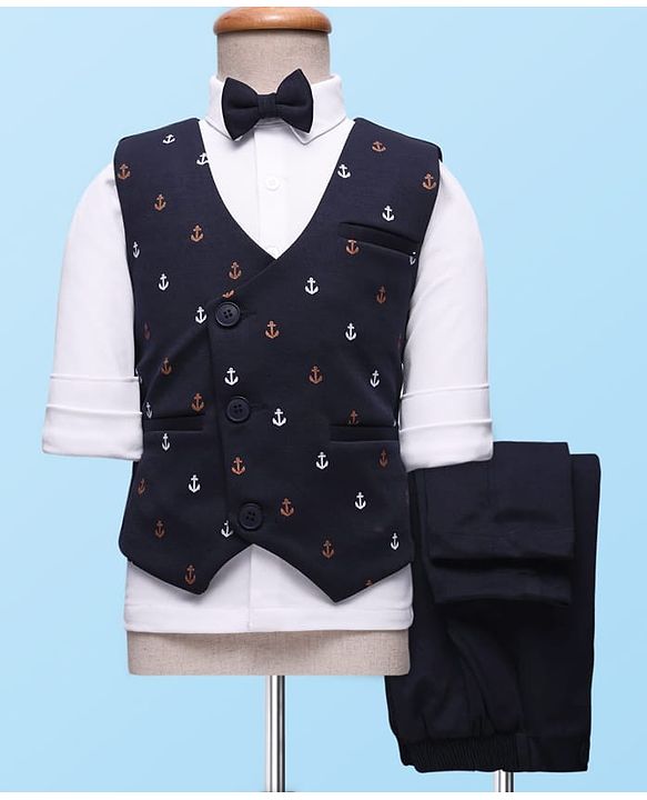 Babyhug Knit Full Sleeves 3 Piece Party Suit with Bow & Anchor Glitter Print - Navy Blue