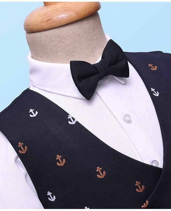 Babyhug Knit Full Sleeves 3 Piece Party Suit with Bow & Anchor Glitter Print - Navy Blue