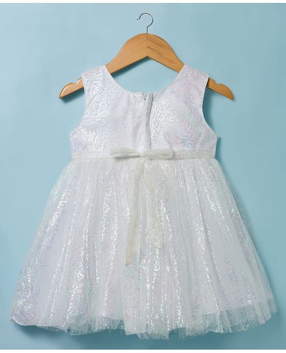 Babyhug Woven Sleeveless Mesh Party Dress with Sequin Detailing & Bow Applique - White