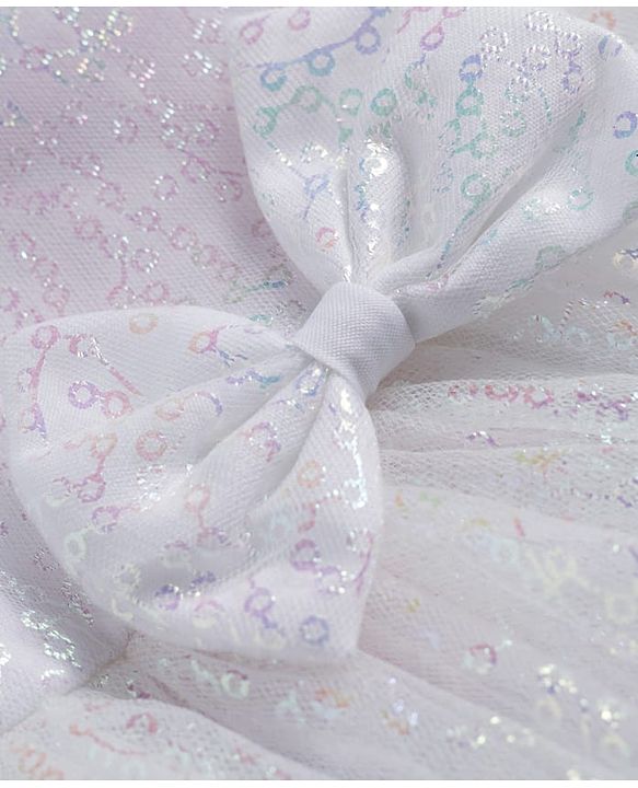 Babyhug Woven Sleeveless Mesh Party Dress with Sequin Detailing & Bow Applique - White