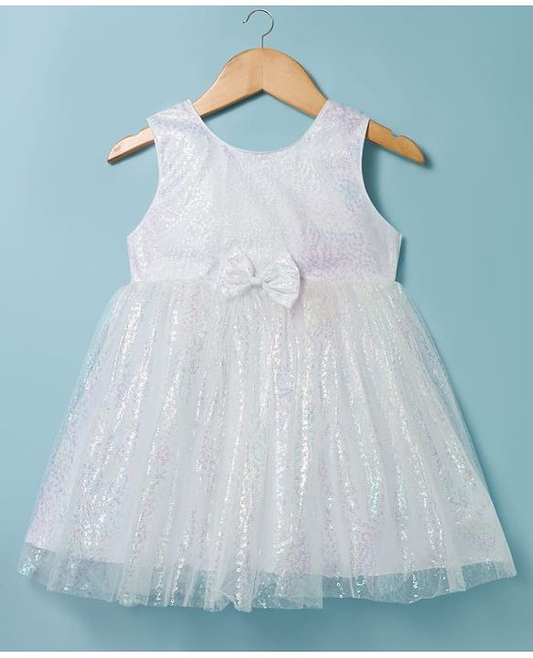 Babyhug Woven Sleeveless Mesh Party Dress with Sequin Detailing & Bow Applique - White