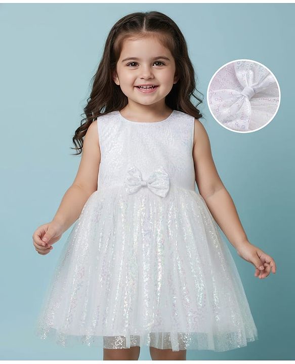 Babyhug Woven Sleeveless Mesh Party Dress with Sequin Detailing & Bow Applique - White