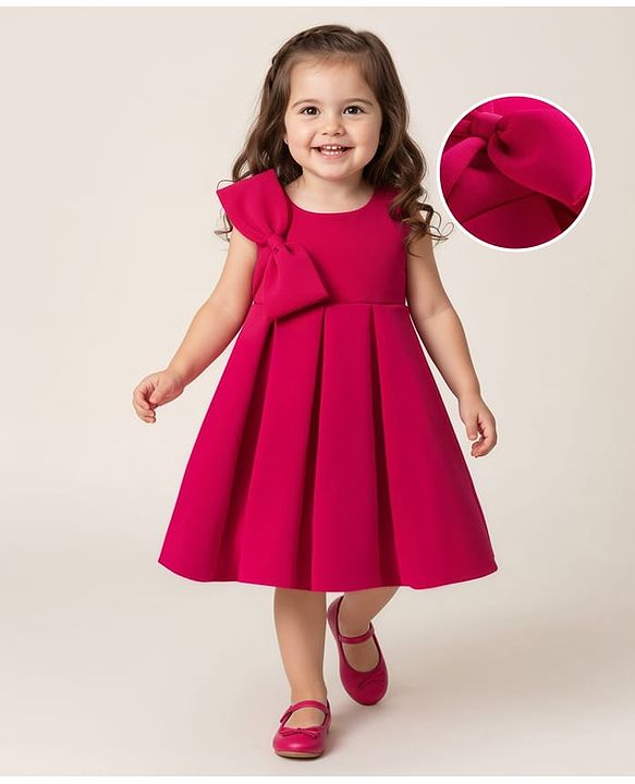Babyhug Scuba Woven Sleeveless Partywear Fit and Flare Dress with Bow Applique - Dark Pink
