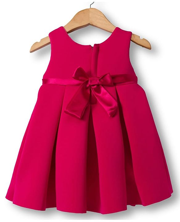 Babyhug Scuba Woven Sleeveless Partywear Fit and Flare Dress with Bow Applique - Dark Pink