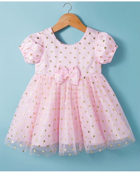 Babyhug Woven Half Puffed Sleeves Mesh Party Dress With Foil Polka Dot Print & Bow Applique - Pink