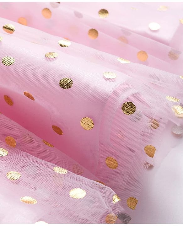 Babyhug Woven Half Puffed Sleeves Mesh Party Dress With Foil Polka Dot Print & Bow Applique - Pink