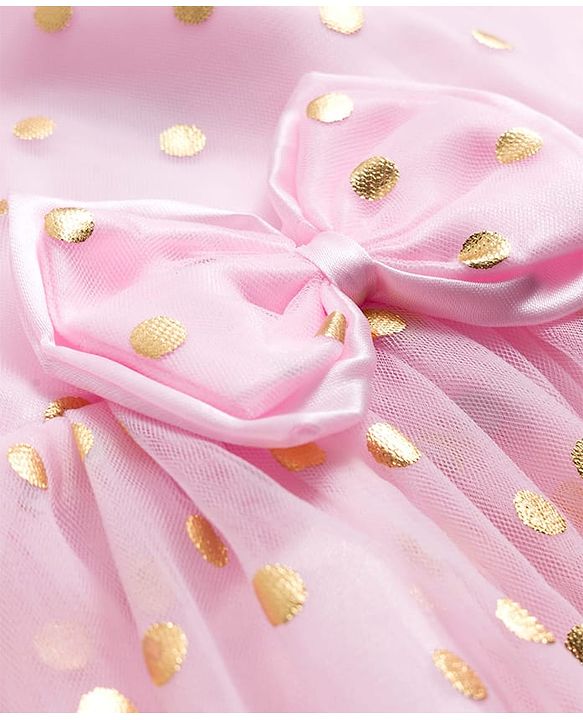 Babyhug Woven Half Puffed Sleeves Mesh Party Dress With Foil Polka Dot Print & Bow Applique - Pink