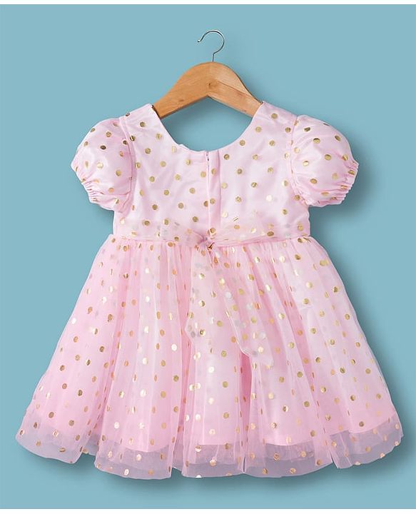 Babyhug Woven Half Puffed Sleeves Mesh Party Dress With Foil Polka Dot Print & Bow Applique - Pink