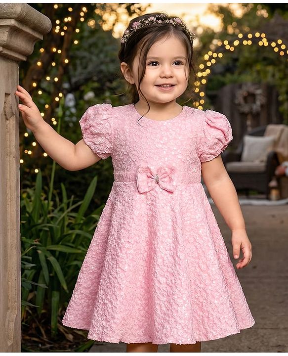 Babyhug Mesh Woven Puffed  Sleeves Fit & Flare Party Dress with Embossed Design & Bow Applique - Pink