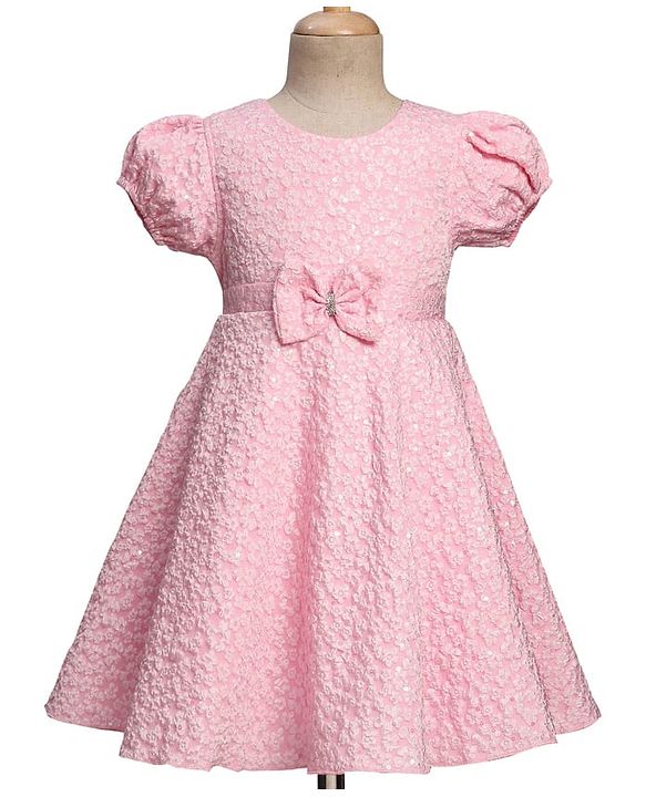 Babyhug Mesh Woven Puffed  Sleeves Fit & Flare Party Dress with Embossed Design & Bow Applique - Pink