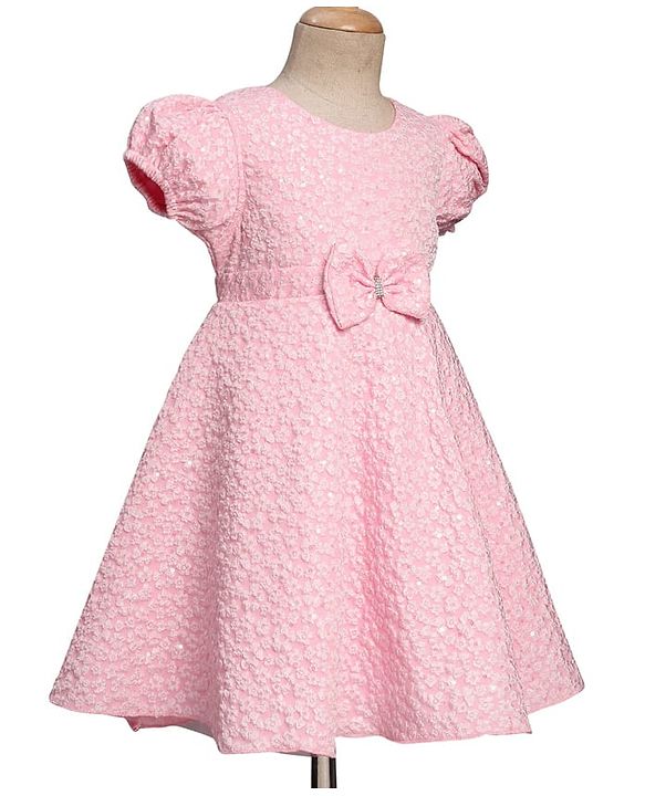 Babyhug Mesh Woven Puffed  Sleeves Fit & Flare Party Dress with Embossed Design & Bow Applique - Pink