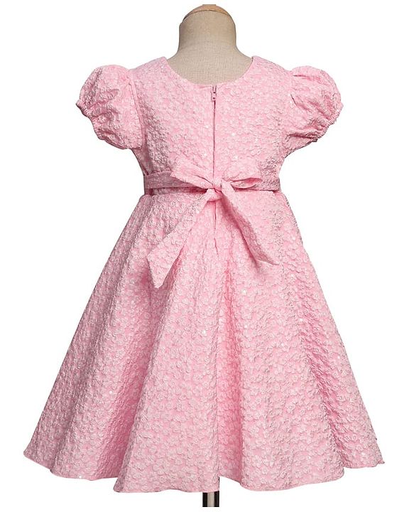 Babyhug Mesh Woven Puffed  Sleeves Fit & Flare Party Dress with Embossed Design & Bow Applique - Pink