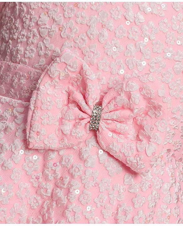 Babyhug Mesh Woven Puffed  Sleeves Fit & Flare Party Dress with Embossed Design & Bow Applique - Pink