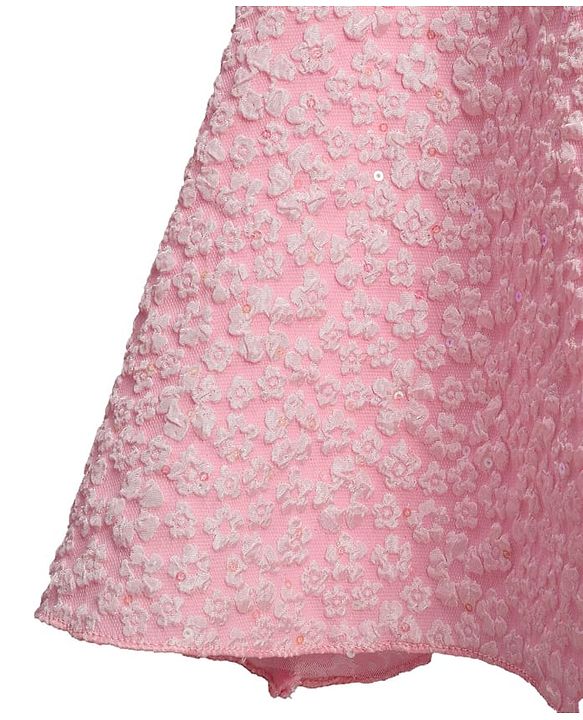 Babyhug Mesh Woven Puffed  Sleeves Fit & Flare Party Dress with Embossed Design & Bow Applique - Pink