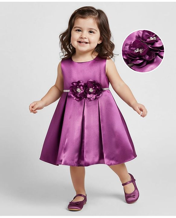 Babyhug Woven Sleeveless Pleated Party Dress With Floral Corsage - Purple