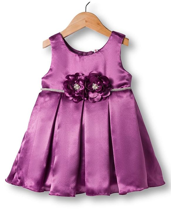 Babyhug Woven Sleeveless Pleated Party Dress With Floral Corsage - Purple