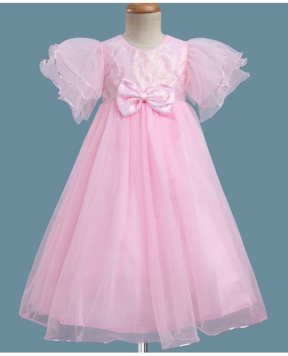 Babyhug Woven Half Sleeves Party Gown With Bow Applique & Sequin Detailing - Pink