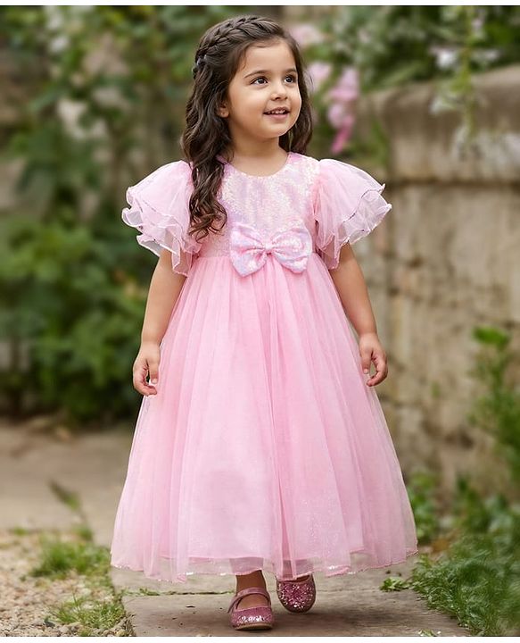 Babyhug Woven Half Sleeves Party Gown With Bow Applique & Sequin Detailing - Pink