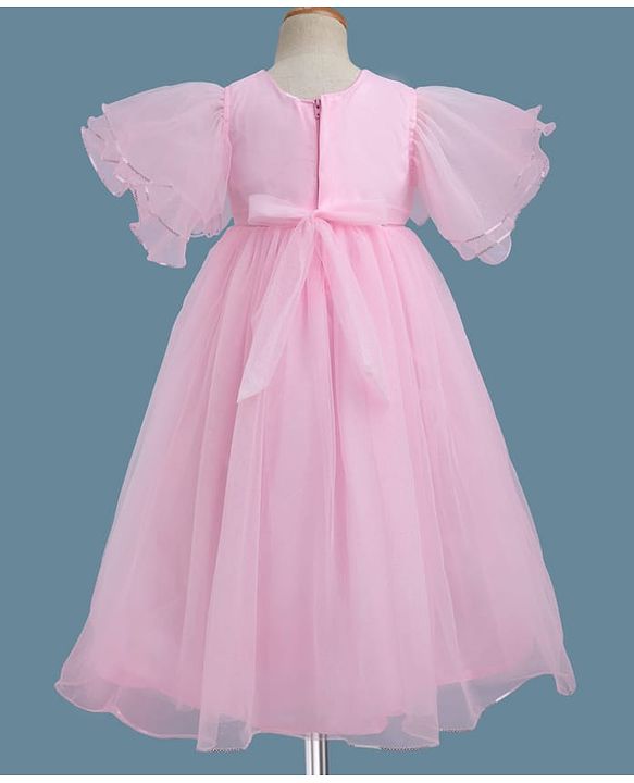 Babyhug Woven Half Sleeves Party Gown With Bow Applique & Sequin Detailing - Pink