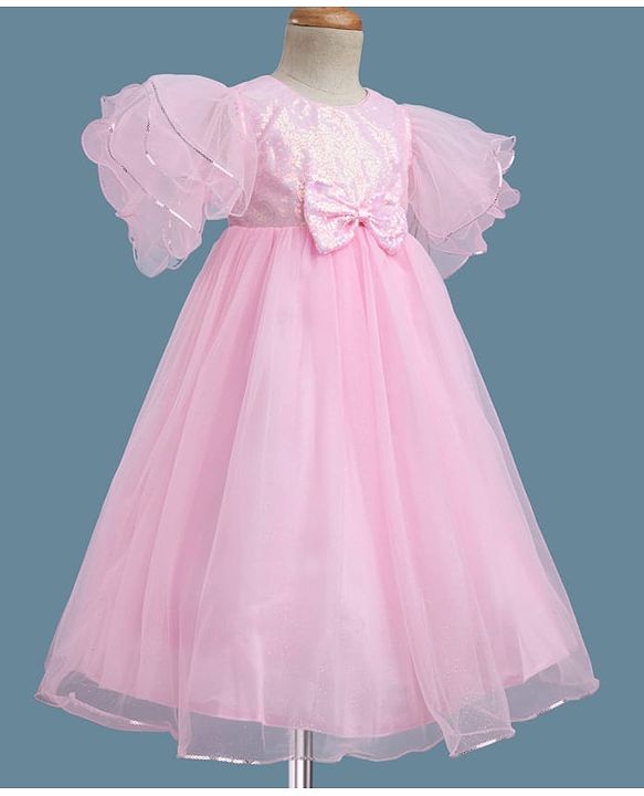 Babyhug Woven Half Sleeves Party Gown With Bow Applique & Sequin Detailing - Pink