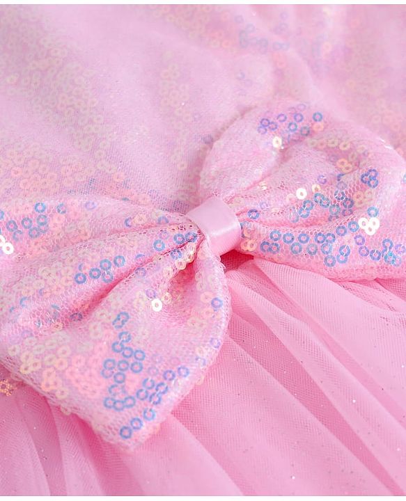 Babyhug Woven Half Sleeves Party Gown With Bow Applique & Sequin Detailing - Pink