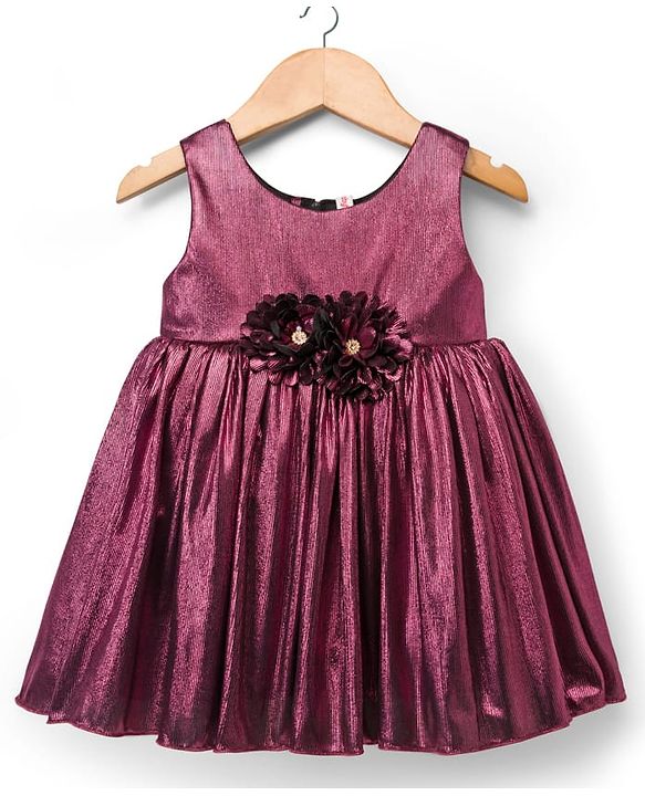 Babyhug Woven Partywear Sleeveless Fit and Flare Metallic Dress with Floral Applique - Maroon