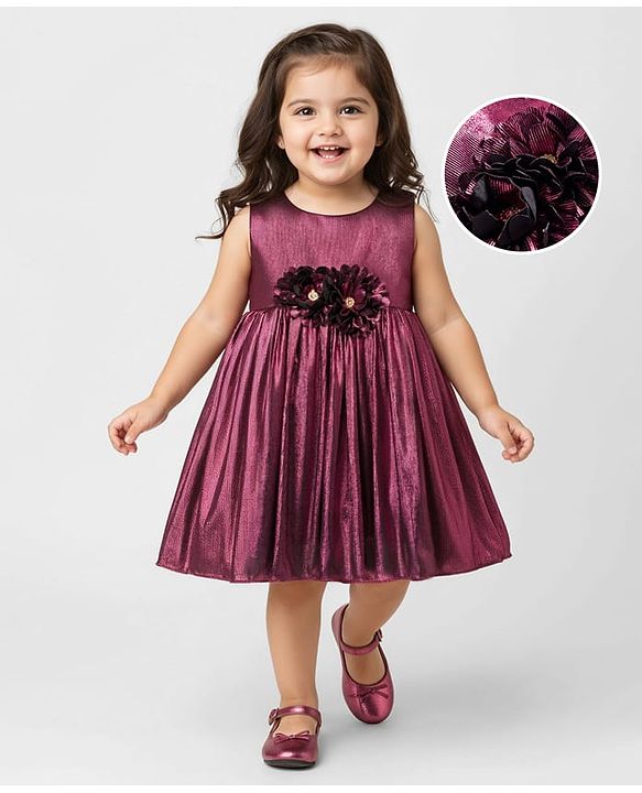 Babyhug Woven Partywear Sleeveless Fit and Flare Metallic Dress with Floral Applique - Maroon
