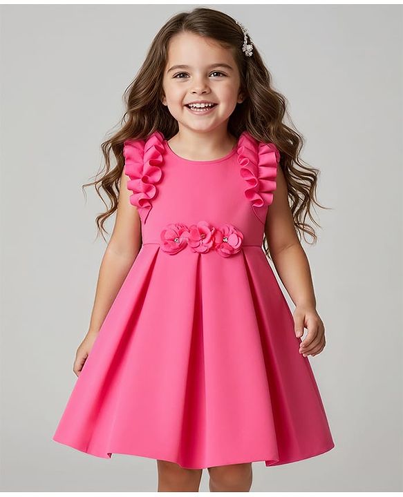 Babyhug Woven Frilled Sleeves Flared Scuba Dress With Corsage - Pink