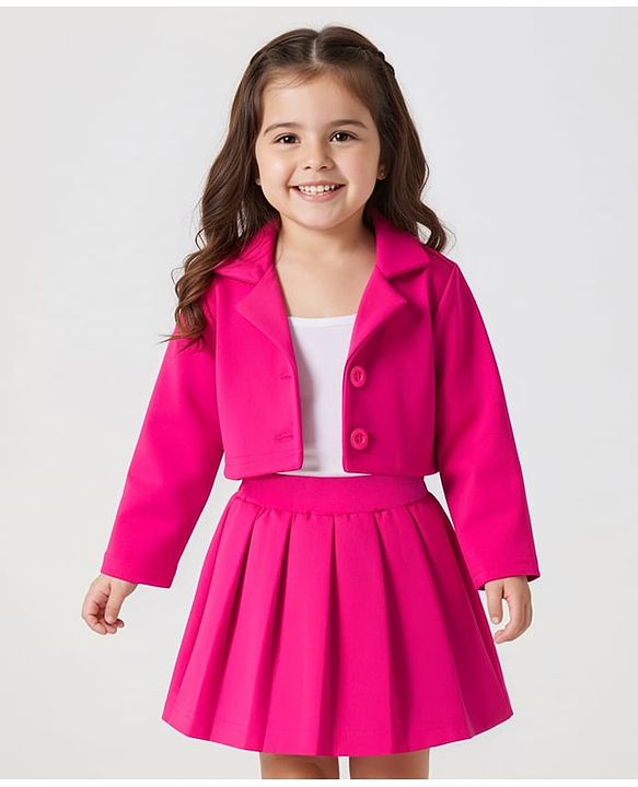 Babyhug Scuba Woven Full Sleeves Solid Jacket & Skirt With Inner Top - Dark Pink