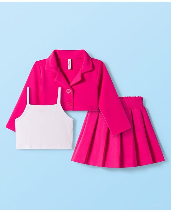 Babyhug Scuba Woven Full Sleeves Solid Jacket & Skirt With Inner Top - Dark Pink