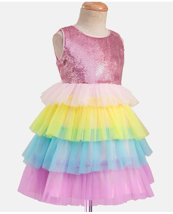 Babyhug Woven Sleeveless Mesh Party Dress With Sequinned Yoke - Multicolor