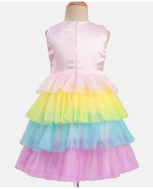 Babyhug Woven Sleeveless Mesh Party Dress With Sequinned Yoke - Multicolor