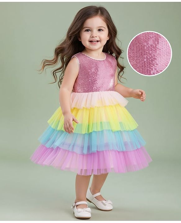 Babyhug Woven Sleeveless Mesh Party Dress With Sequinned Yoke - Multicolor