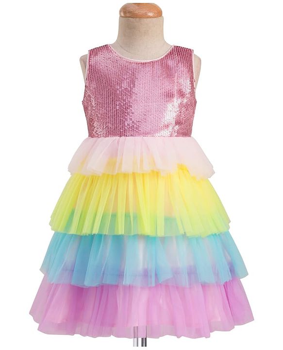 Babyhug Woven Sleeveless Mesh Party Dress With Sequinned Yoke - Multicolor