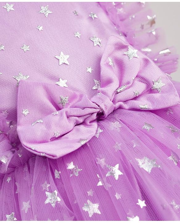 Babyhug Frill Sleeves Stars Foil Printed & Bow Detailing Fit & Flare Mesh Party Dress - Purple