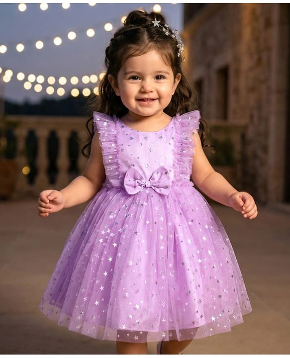 Babyhug Frill Sleeves Stars Foil Printed & Bow Detailing Fit & Flare Mesh Party Dress - Purple