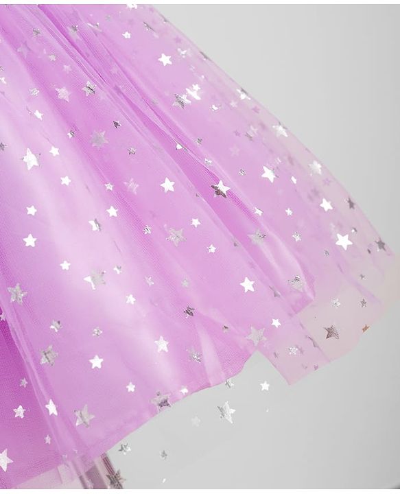 Babyhug Frill Sleeves Stars Foil Printed & Bow Detailing Fit & Flare Mesh Party Dress - Purple