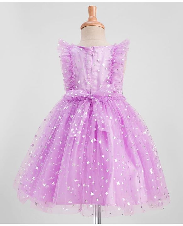 Babyhug Frill Sleeves Stars Foil Printed & Bow Detailing Fit & Flare Mesh Party Dress - Purple