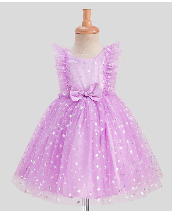 Babyhug Frill Sleeves Stars Foil Printed & Bow Detailing Fit & Flare Mesh Party Dress - Purple