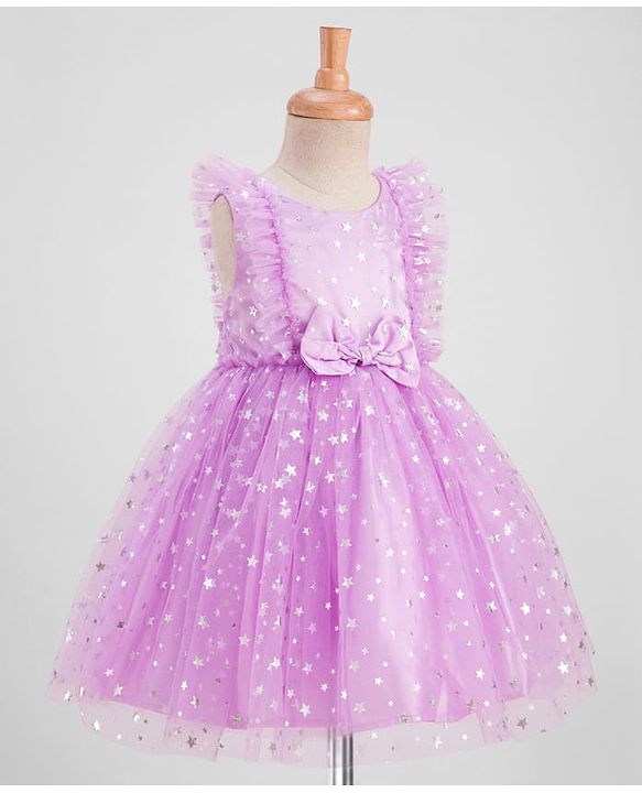 Babyhug Frill Sleeves Stars Foil Printed & Bow Detailing Fit & Flare Mesh Party Dress - Purple