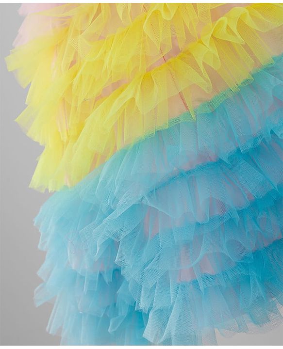 Babyhug Sleeveless Sequinned Yoked Fit and Flare Frilled Mesh Dress - Multicolor