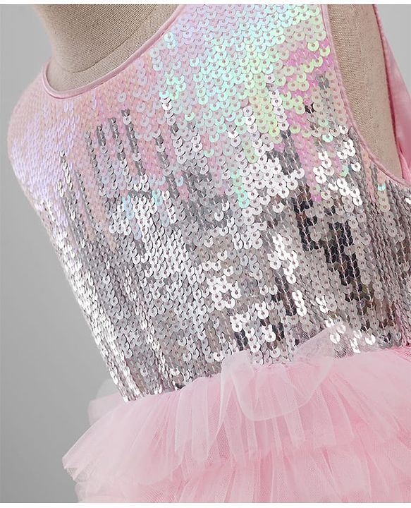 Babyhug Sleeveless Sequinned Yoked Fit and Flare Frilled Mesh Dress - Multicolor