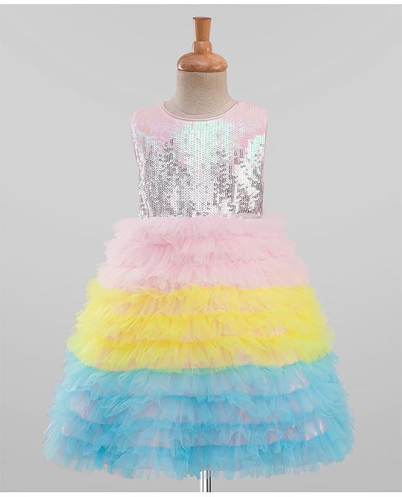 Babyhug Sleeveless Sequinned Yoked Fit and Flare Frilled Mesh Dress - Multicolor