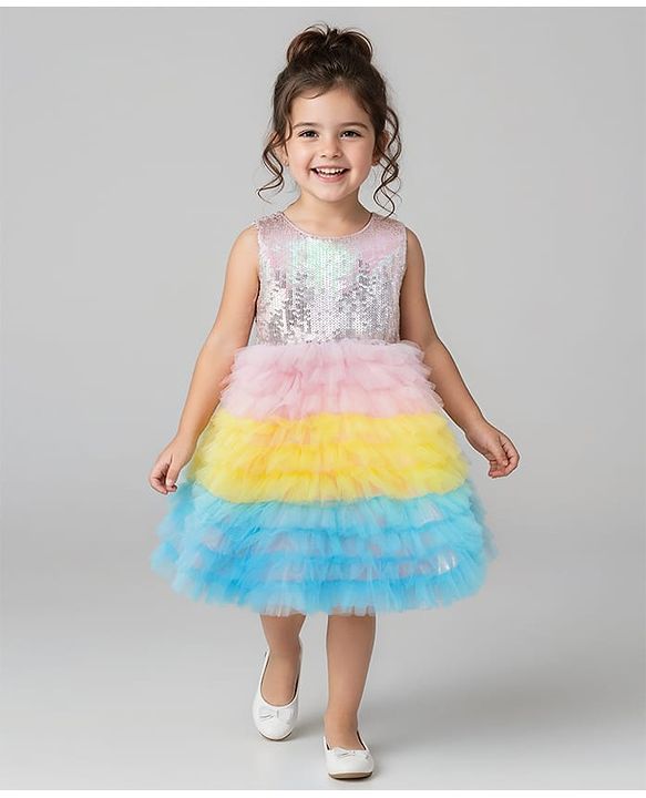 Babyhug Sleeveless Sequinned Yoked Fit and Flare Frilled Mesh Dress - Multicolor