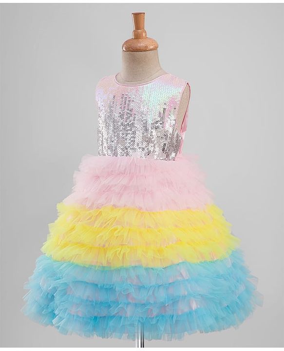 Babyhug Sleeveless Sequinned Yoked Fit and Flare Frilled Mesh Dress - Multicolor