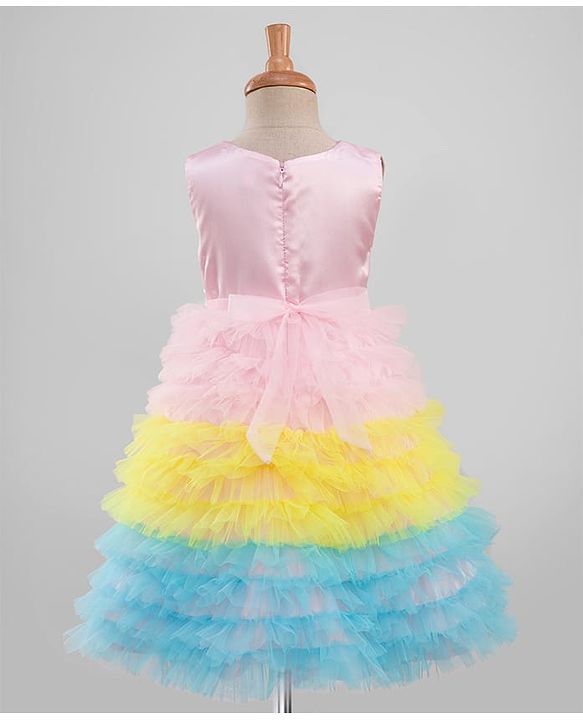 Babyhug Sleeveless Sequinned Yoked Fit and Flare Frilled Mesh Dress - Multicolor