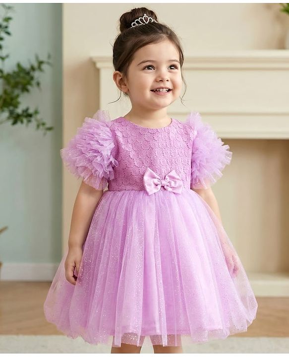 Babyhug Woven Frill Sleeves Mesh Party Dress with Bow Applique & Foil Print - Lavender