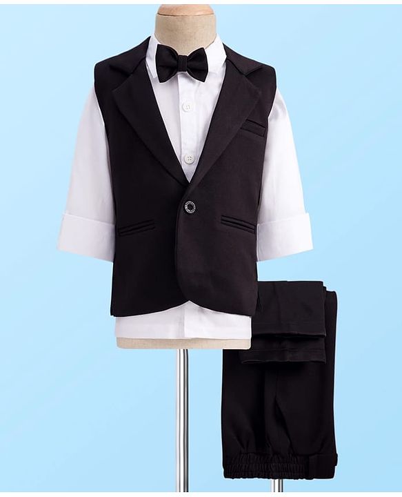 Babyhug Knit Full Sleeves Solid Color 3 Piece Party Suit with Bow - Black & White